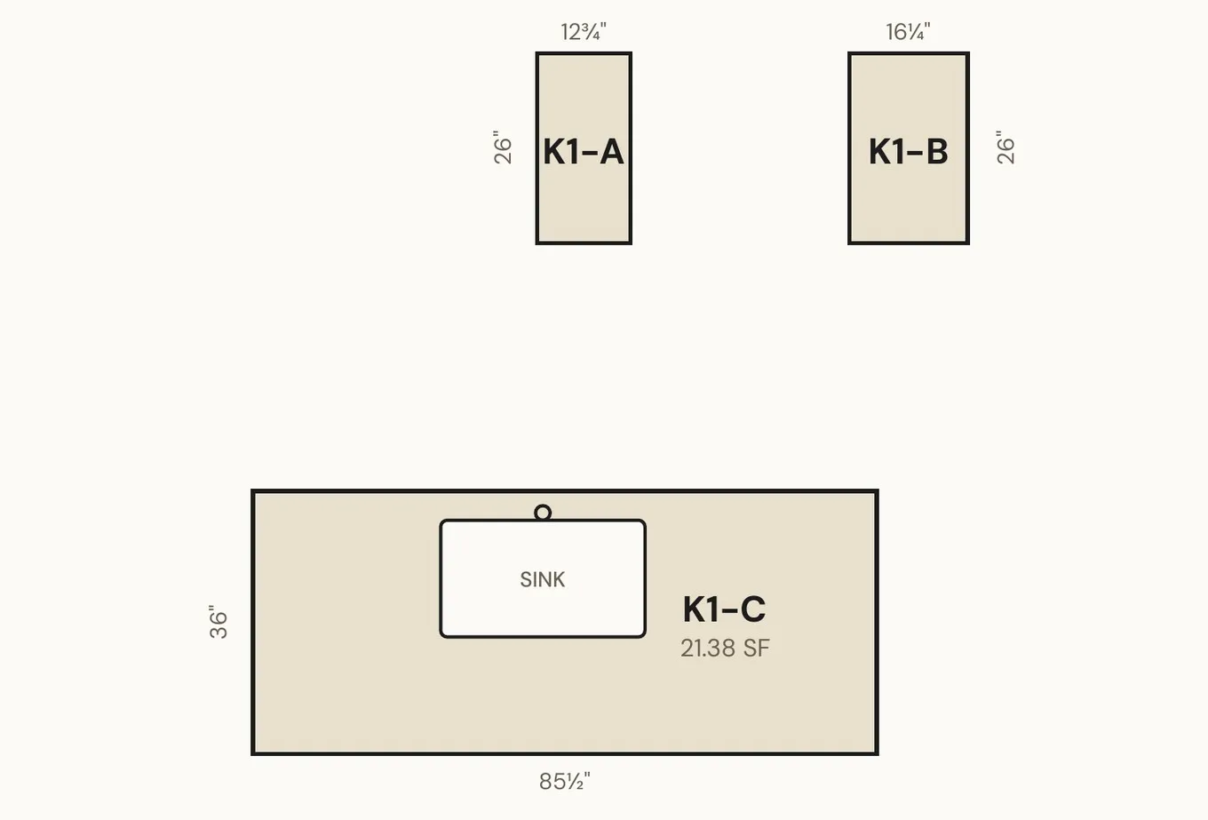 A takeoff drawing of two counters and an island with a sink, each labeled and dimensioned.